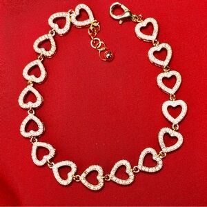 18K gold plated tennis bracelet,clear cubic zirconia heart charms 7.5”-8”NWOT